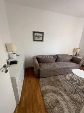 Living room with a brown sofa, white chest of drawers and a rug. - image 12