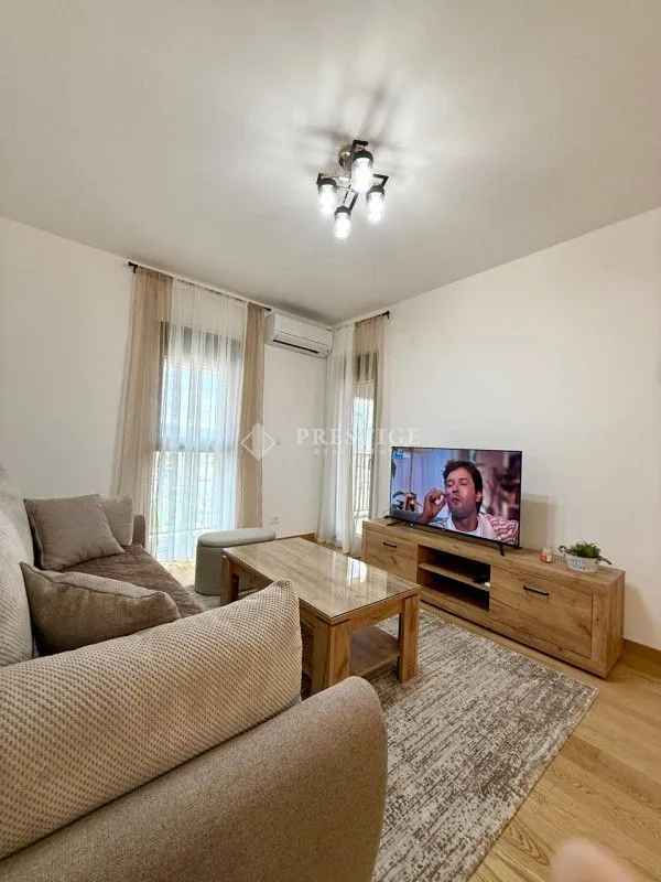 Furnished living room with a sofa and television.
