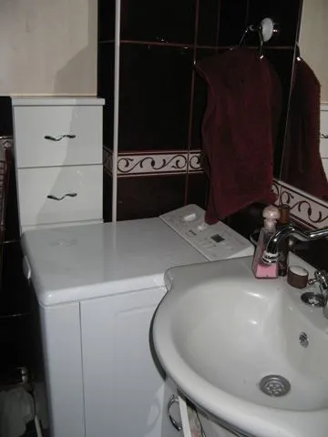 A bathroom featuring a sink and a washing machine.