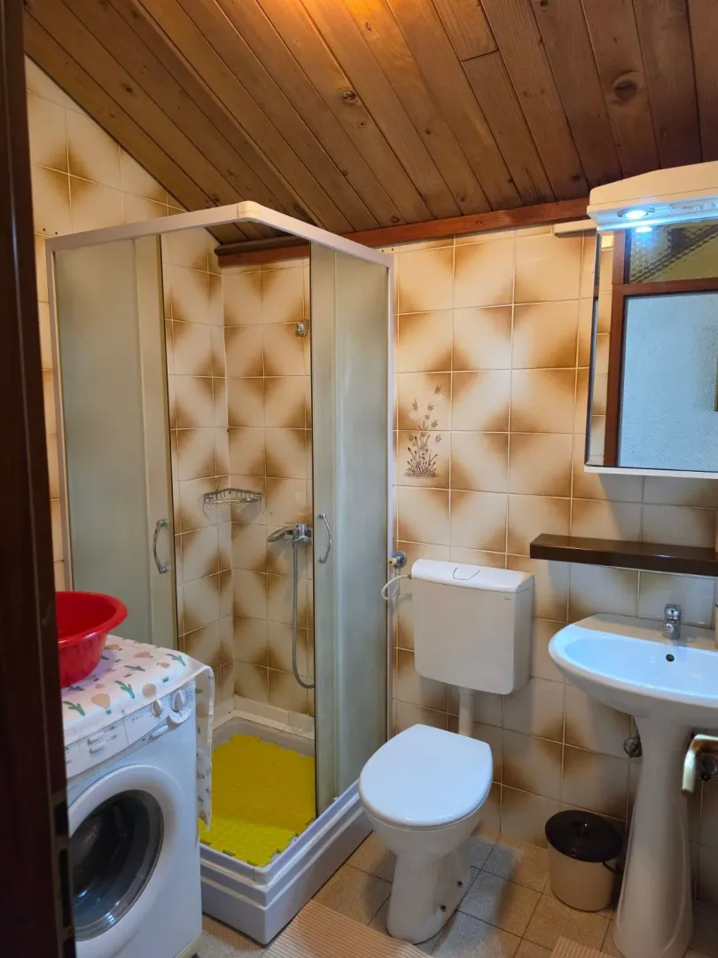 Manje kupatilo sa tuš kabinom, umivaonikom, toaletom i veš mašinom.