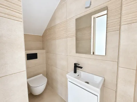 Small bathroom with a sink, mirror, and toilet in beige tones. - image 12