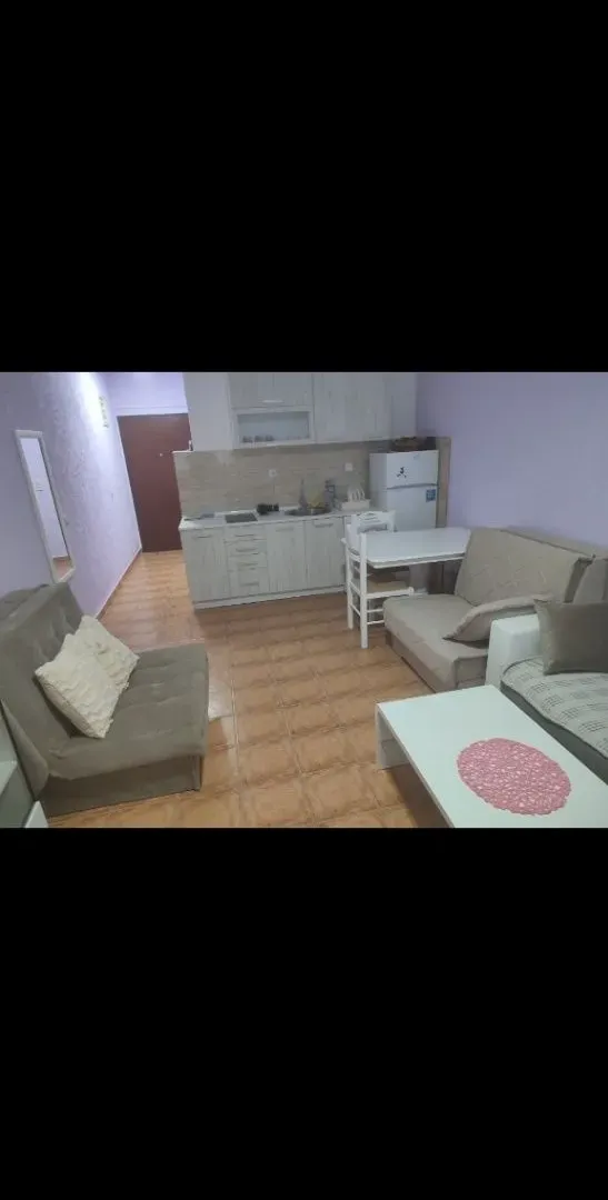 Living room with kitchen and dining area.