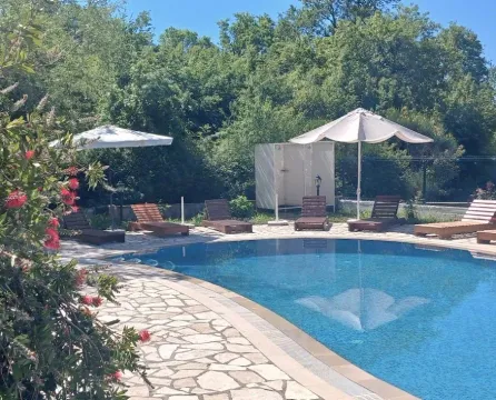 Swimming pool with sun loungers and umbrellas surrounded by greenery. - image 9