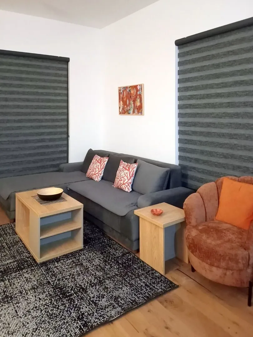 Living room with a grey sectional sofa, armchair, and wooden coffee tables.