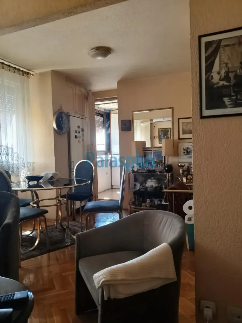Dnevna soba sa trpezarijskim stolom i foteljom.