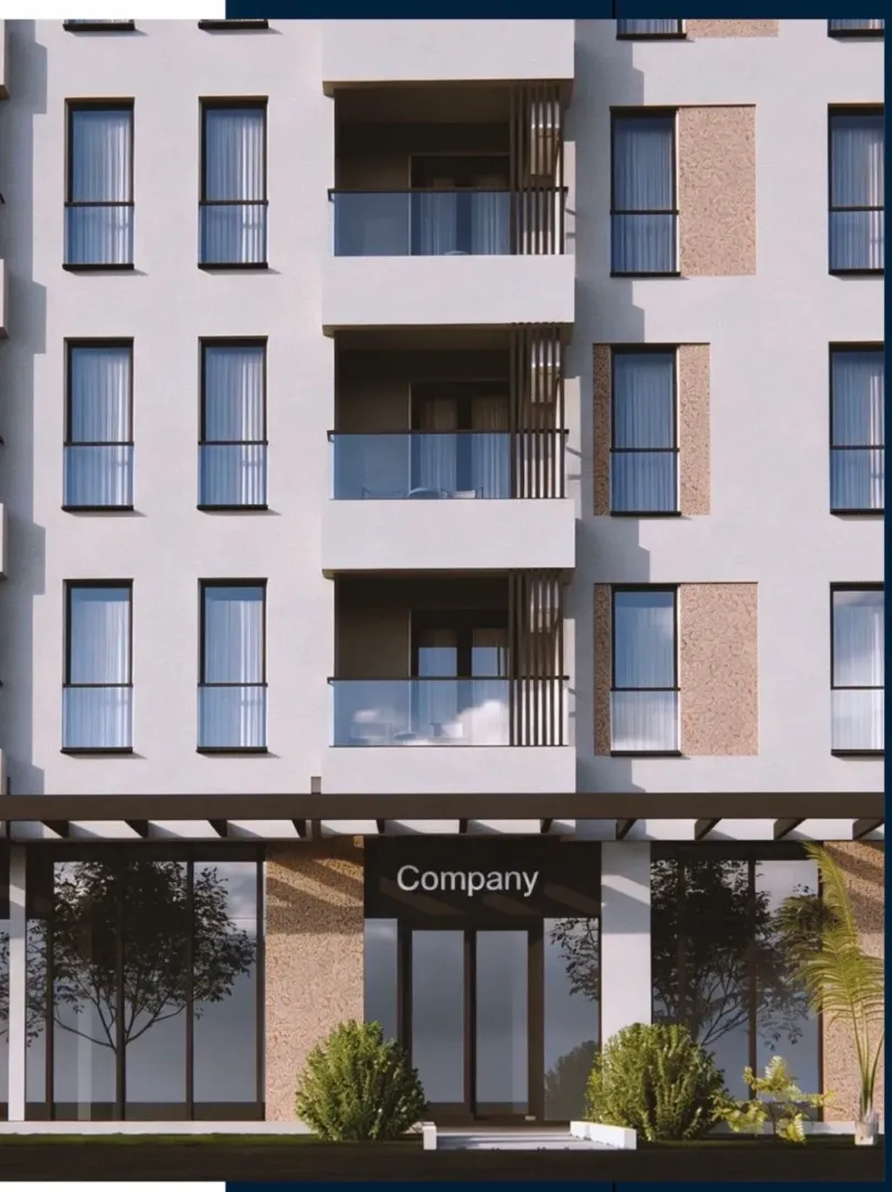 Spoljašnji izgled moderne stambene zgrade sa balkonom i poslovnim prostorom u prizemlju.