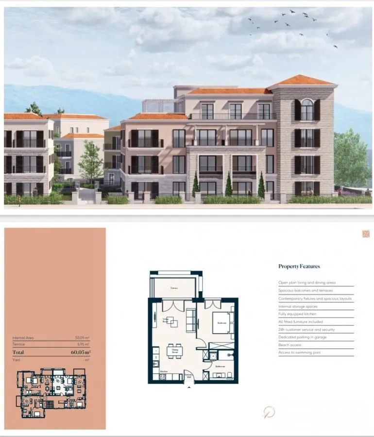Prodaja, jednosoban stan, 58m², Luštica Bay, Tivat