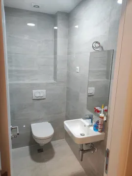 Malo moderno kupatilo sa sivim pločicama, visećom šoljom i umivaonikom. - image 6