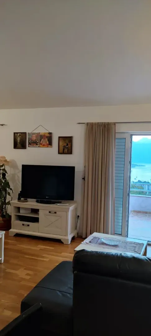 Living room with a TV and access to a terrace with a sea view.