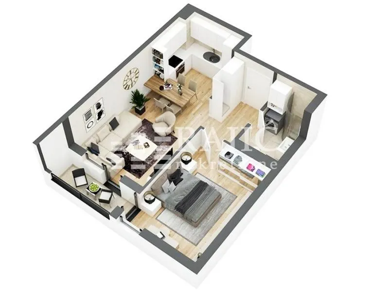 Three-dimensional floor plan of the apartment with furniture.