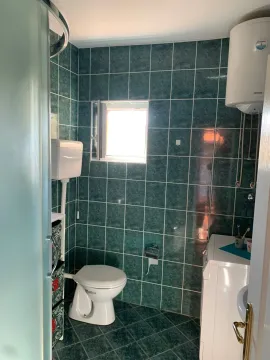 Small bathroom tiled in green with a toilet and shower cabin. - image 17