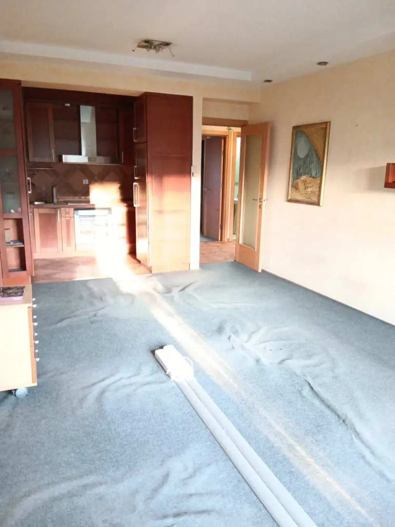 Living room with a carpet and a view of the kitchen.