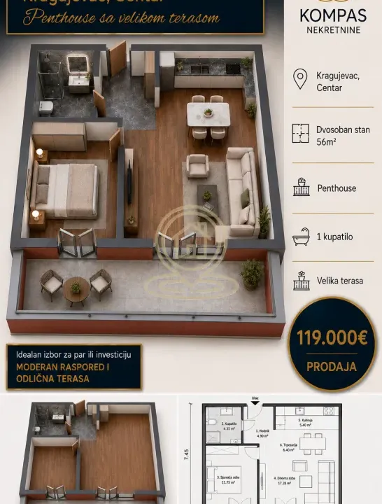 Sale, two bedroom apartment, 56m², Centar, Kragujevac