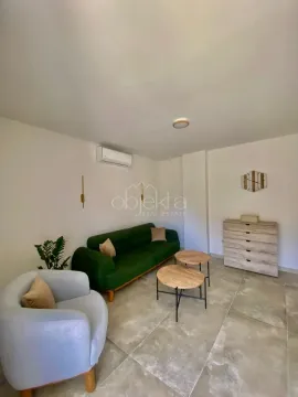 Living room with a green sofa, an armchair, and two small coffee tables. - image 7