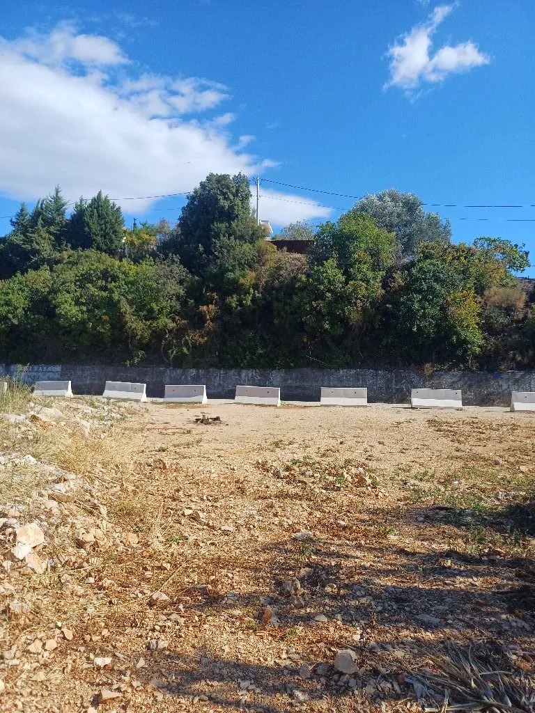 Pogled na zemljište sa rastinjem i betonskim barijerama u pozadini.