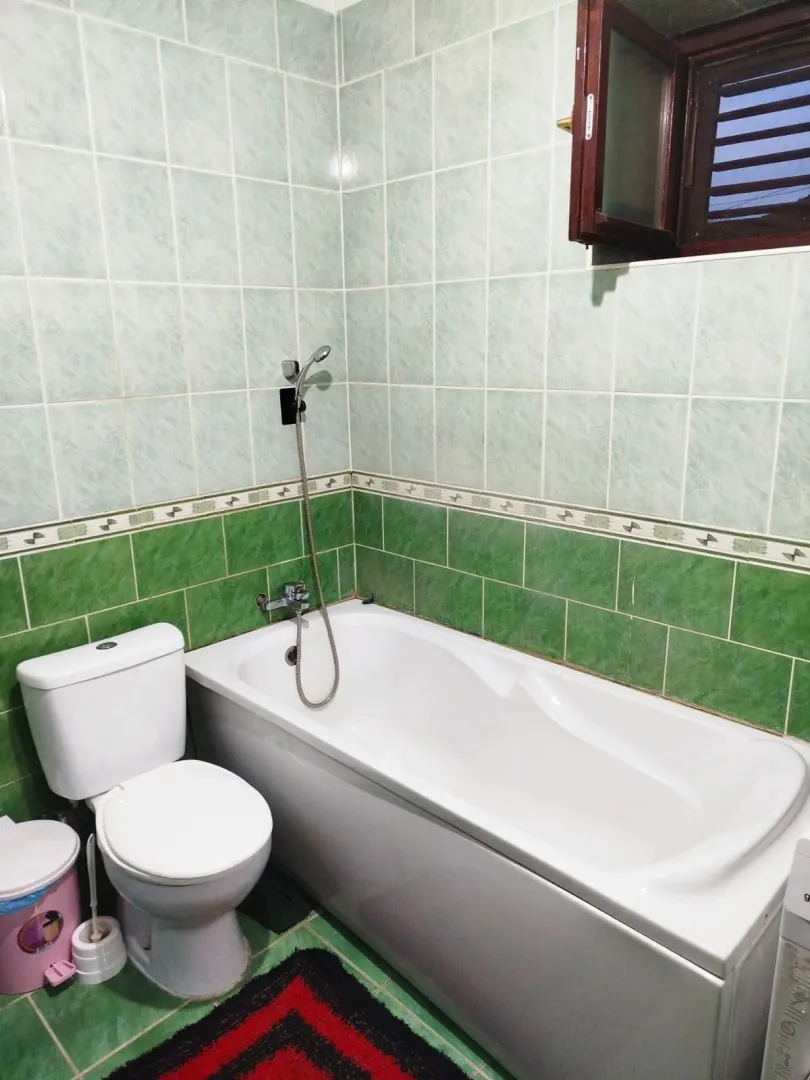 Kupatilo obloženo zelenim pločicama sa kadom i wc šoljom.