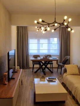 Svijetao dnevni boravak sa trpezarijskim stolom i modernim lusterom. - image 7