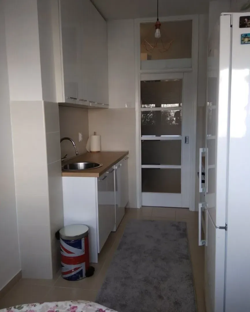 Manja bijela kuhinja sa sudoperom i radnom površinom.