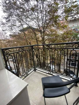 Small furnished balcony with wrought iron railing and a view of trees and the street. - image 8