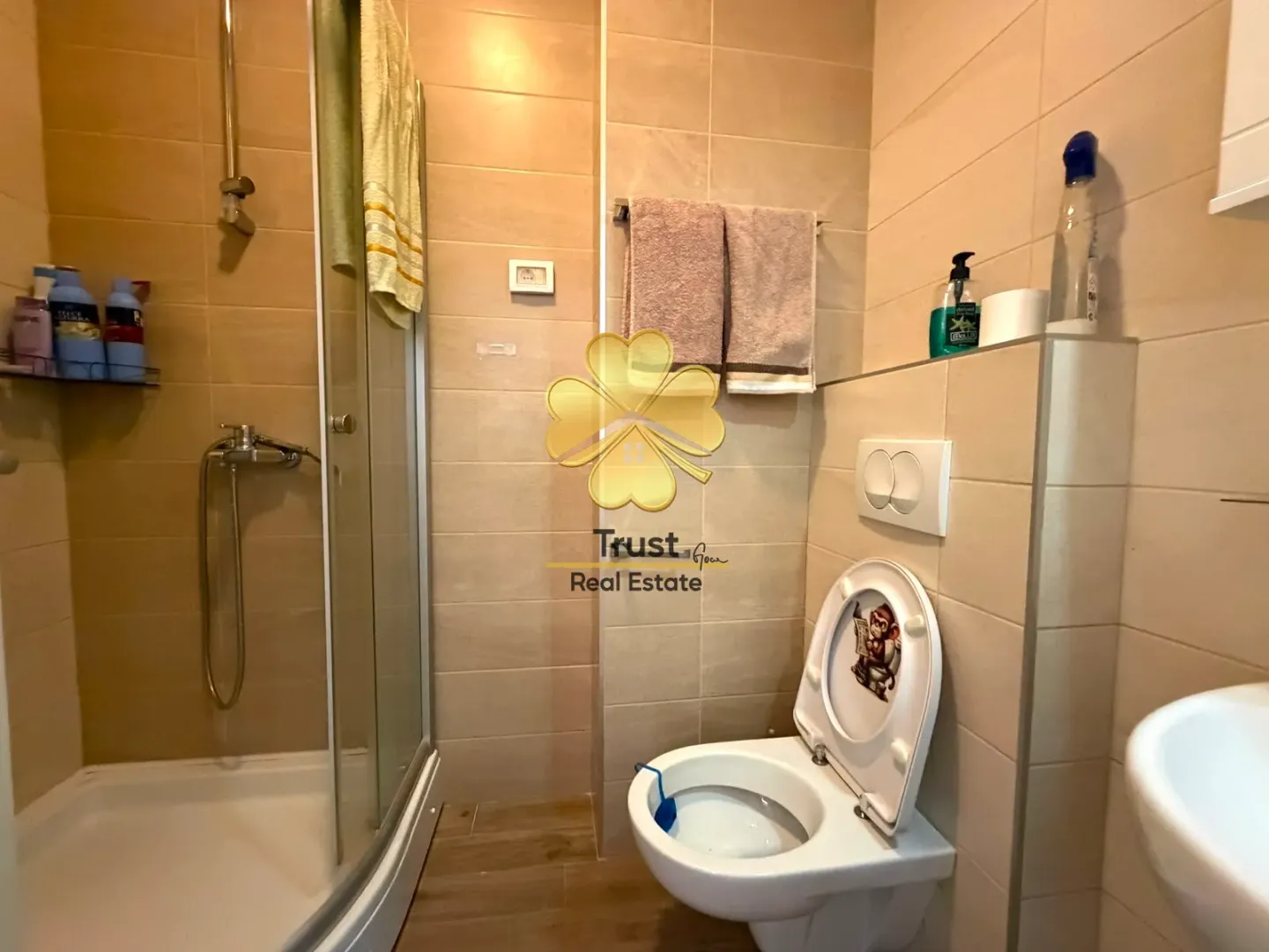 Manje kupatilo sa tuš kabinom, wc šoljom i umivaonikom.