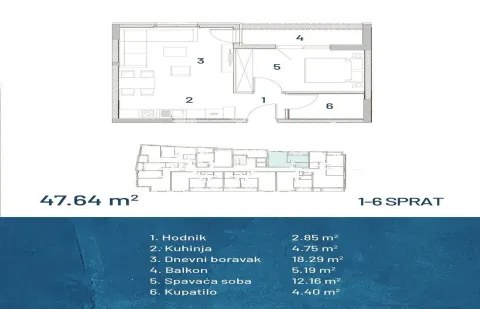 Osma tlocrta stana površine 47,64 kvadratna metra sa rasporedom prostorija. - image 2