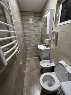Moderne kupatilo sa tuš kabinom, umivaonikom i toaletnim elementima. - image 4