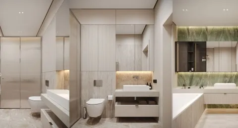 Moderne kupatilo sa umivaonikom, WC šoljom i osvijetljenim ogledalom. - image 7