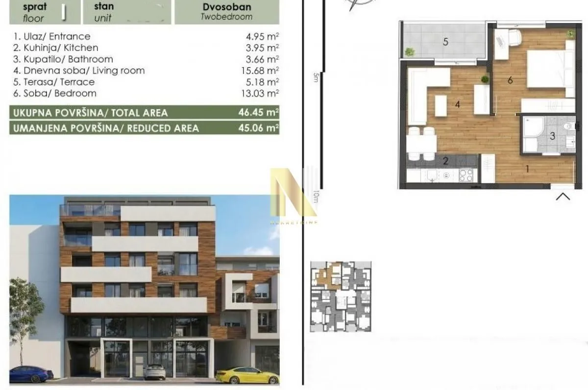 Sale, two bedroom apartment, 46m², Telep, Novi Sad Sve Podlokacije