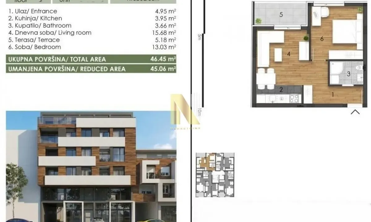 Sale, two bedroom apartment, 46m², Telep, Novi Sad Sve Podlokacije