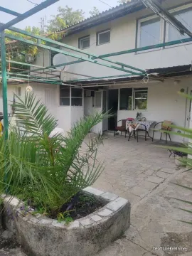 Pogled na popločano dvorište sa nadstrešnicom i zelenilom ispred kuće. - image 3