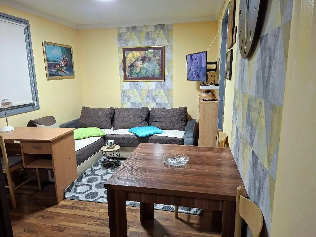Living room with a sofa, dining table, and desk.