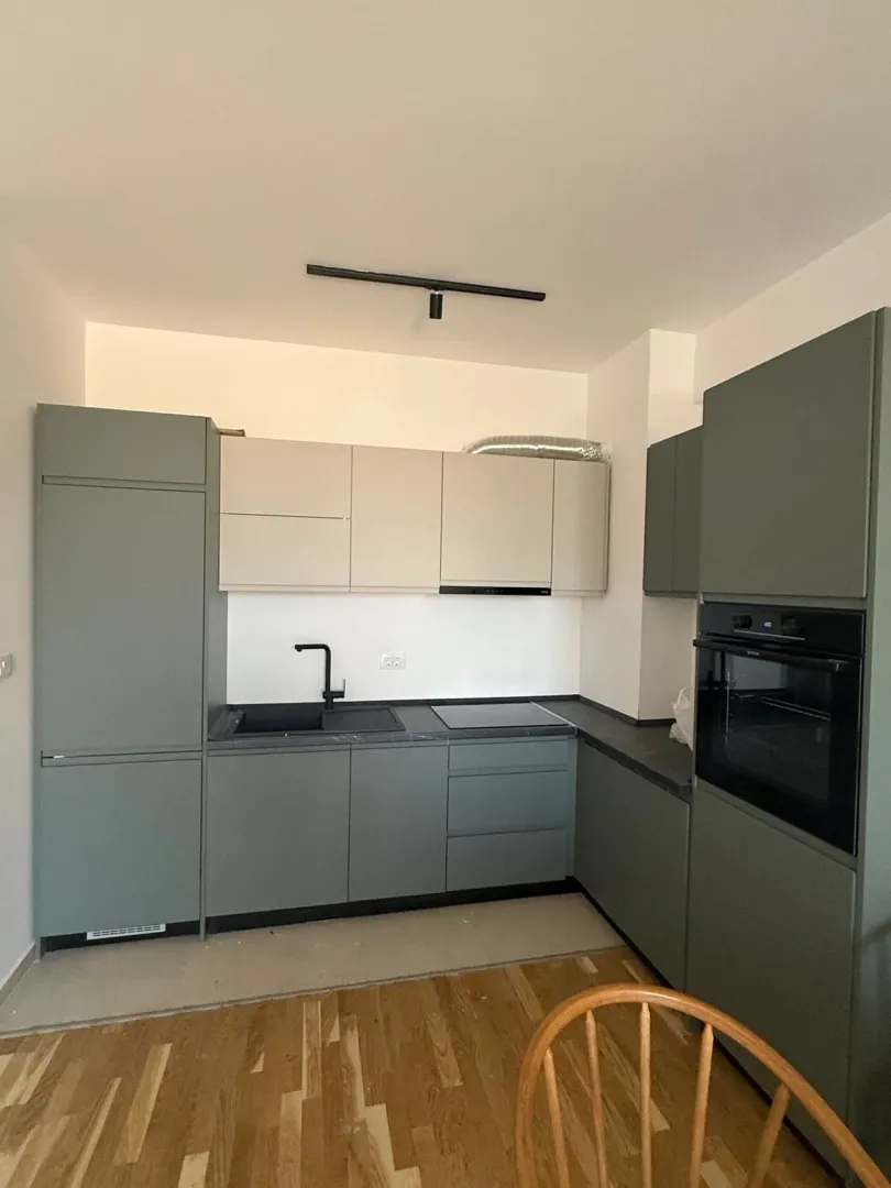 Modern kitchen with green cabinets, built-in oven, and sink.