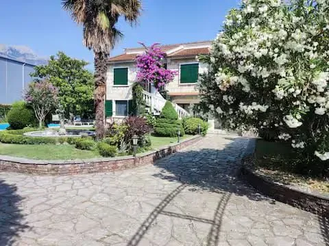 Beautifully landscaped yard with a paved walkway and a traditional house in the background.