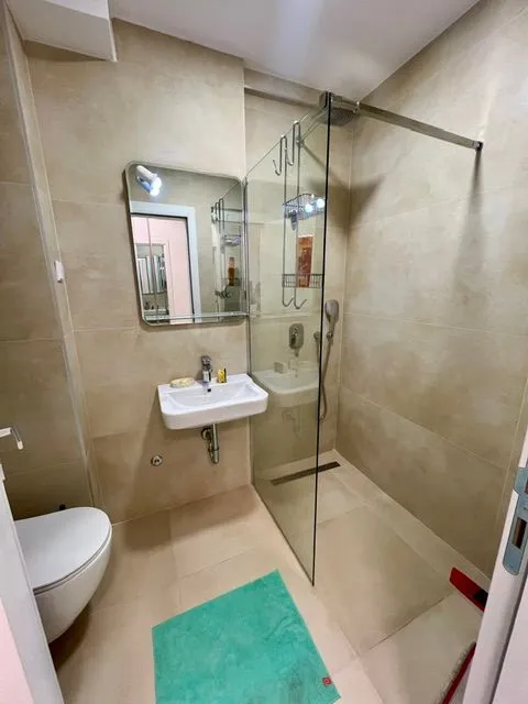 Modern bathroom with walk-in shower, washbasin, and toilet.