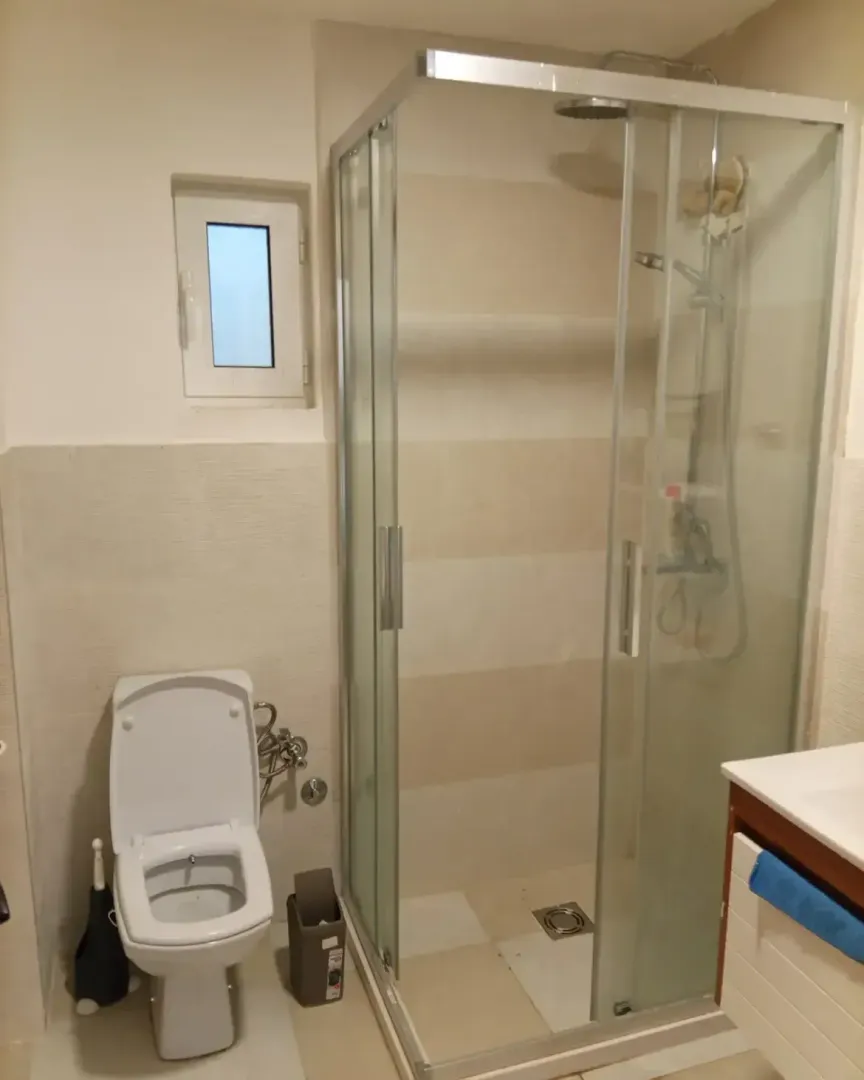 Small bathroom with a walk-in shower and toilet.