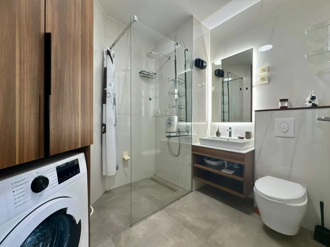 Modern bathroom equipped with a walk-in shower, washbasin, and washing machine.