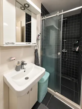 Modern bathroom with a shower cabin, washbasin, and a wall cabinet with a mirror. - image 7