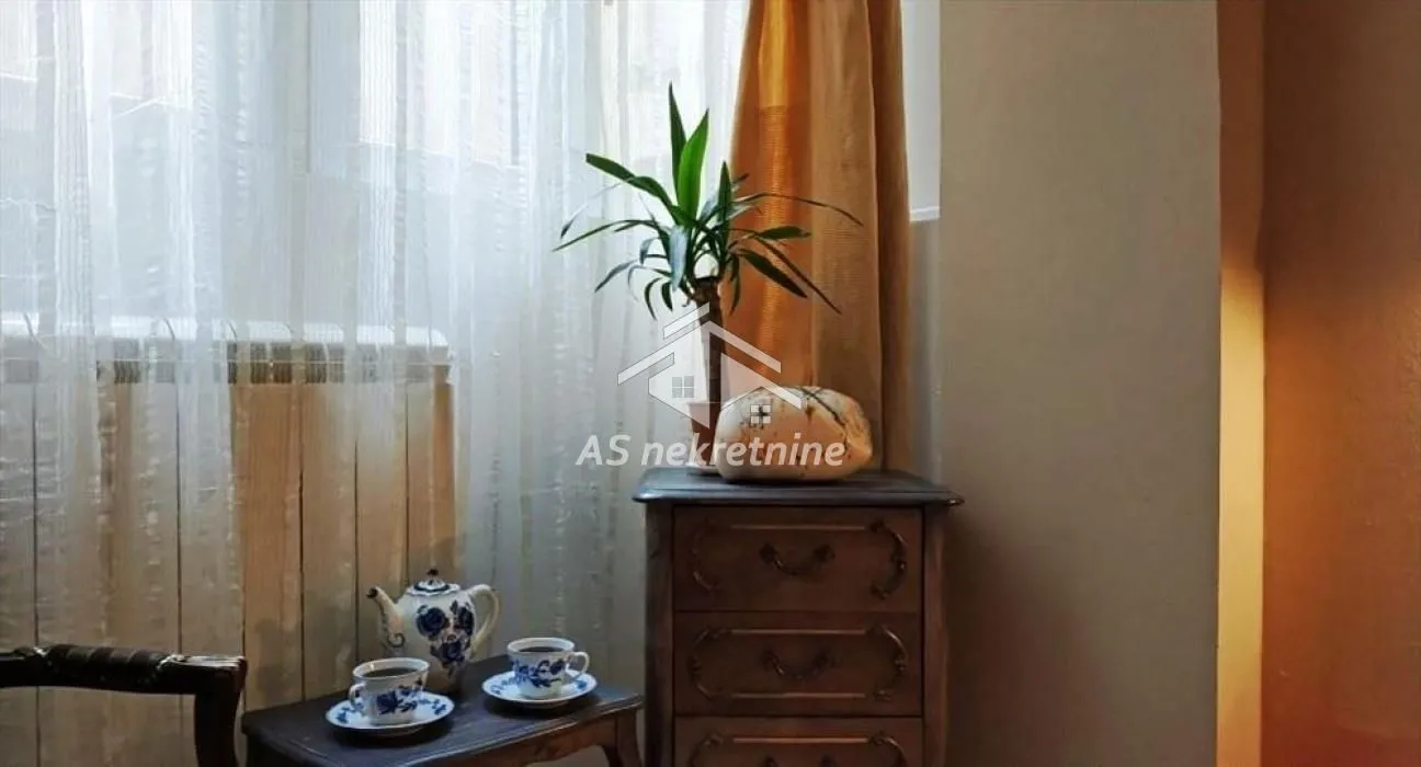 Interior detail with a chest of drawers, potted plant, and tea set.