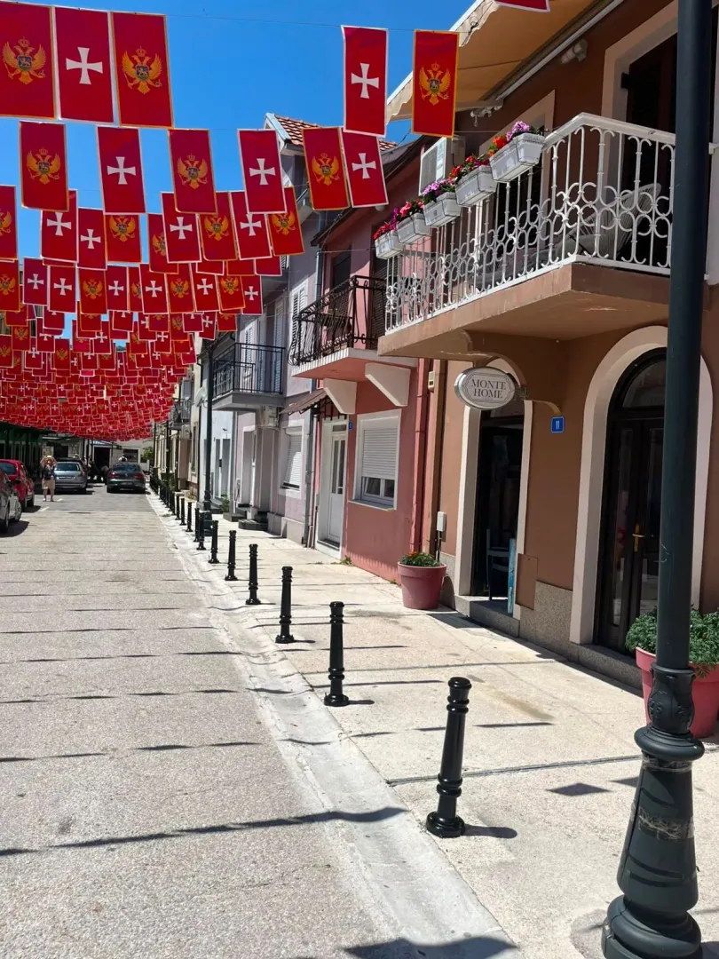 Street with traditional houses and Montenegrin flags.