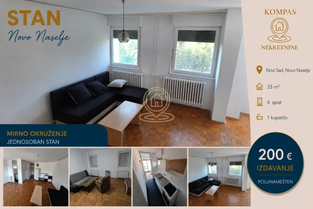 Rent, studio apartment, 33m², Novo naselje, Novi Sad