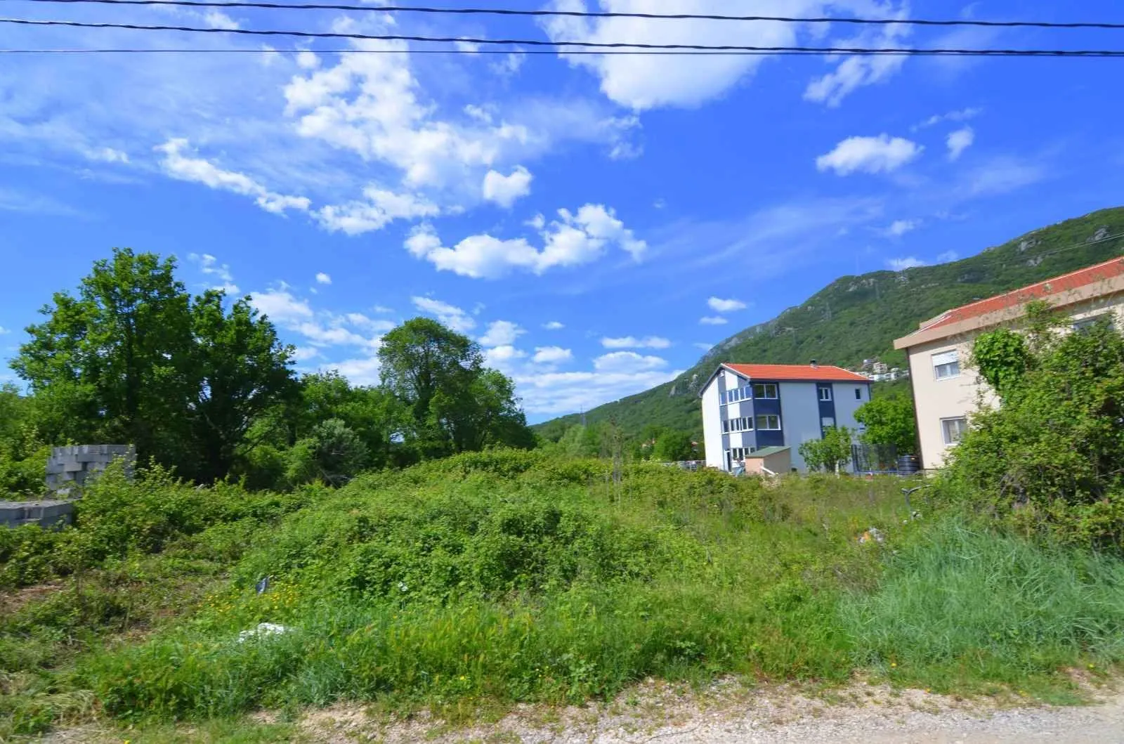 Pogled na plac obrastao rastinjem sa okolnim kućama i brdima u pozadini.