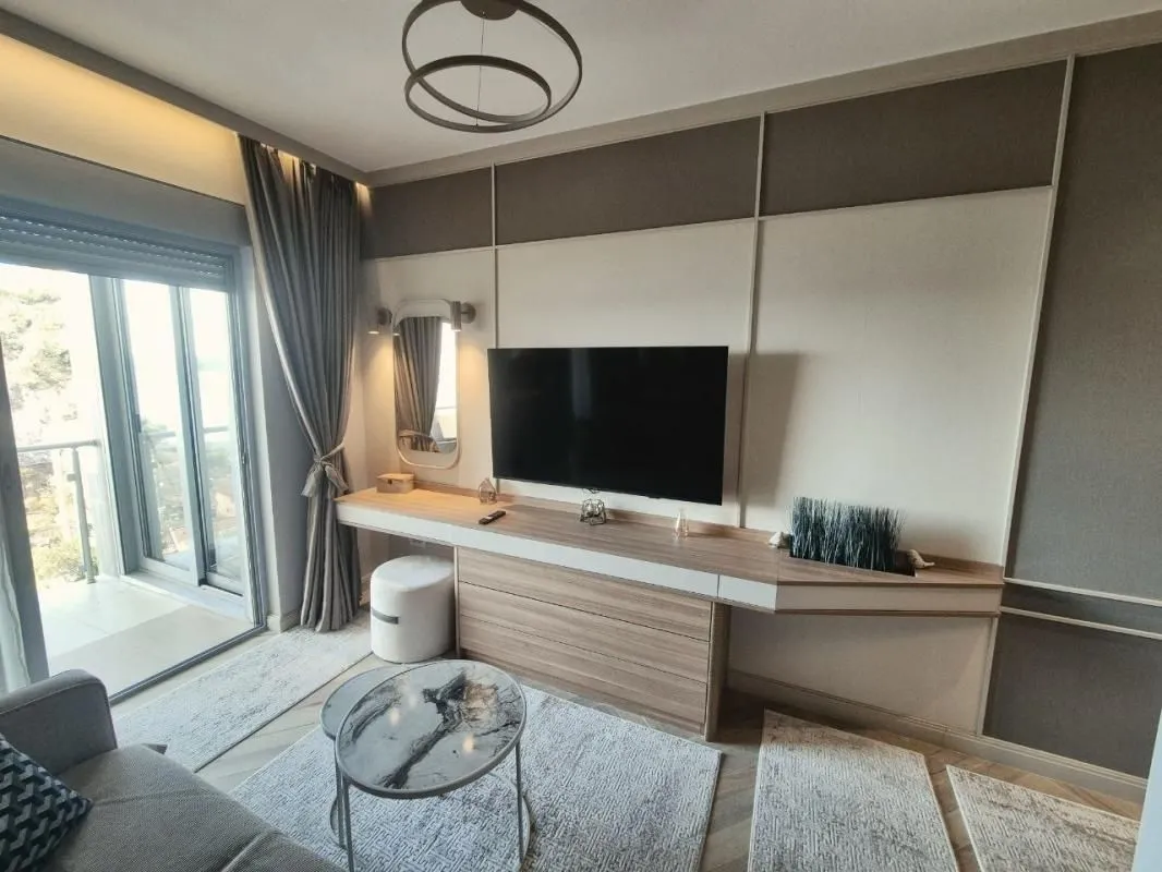 Living room with a TV, sofa, and access to the terrace.