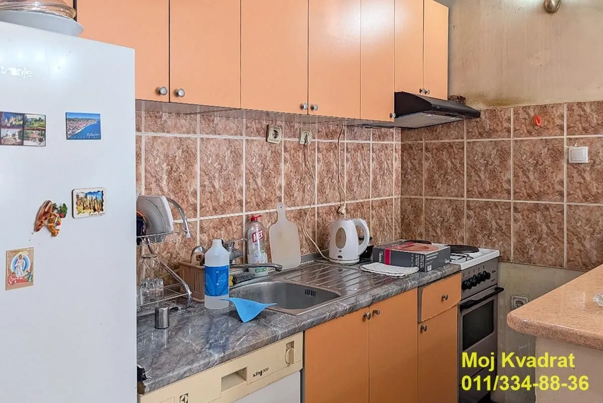 Manja kuhinja sa drvenim elementima, sudoperom i šporetom.