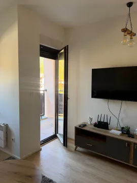 Dnevna soba sa televizorom na zidu i izlazom na terasu. - image 12