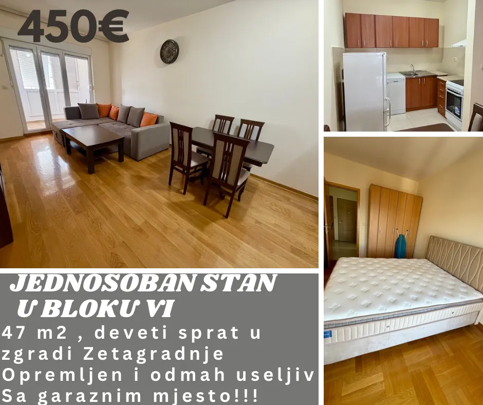 Rent, one bedroom apartment, 47m², Blok 6, Podgorica