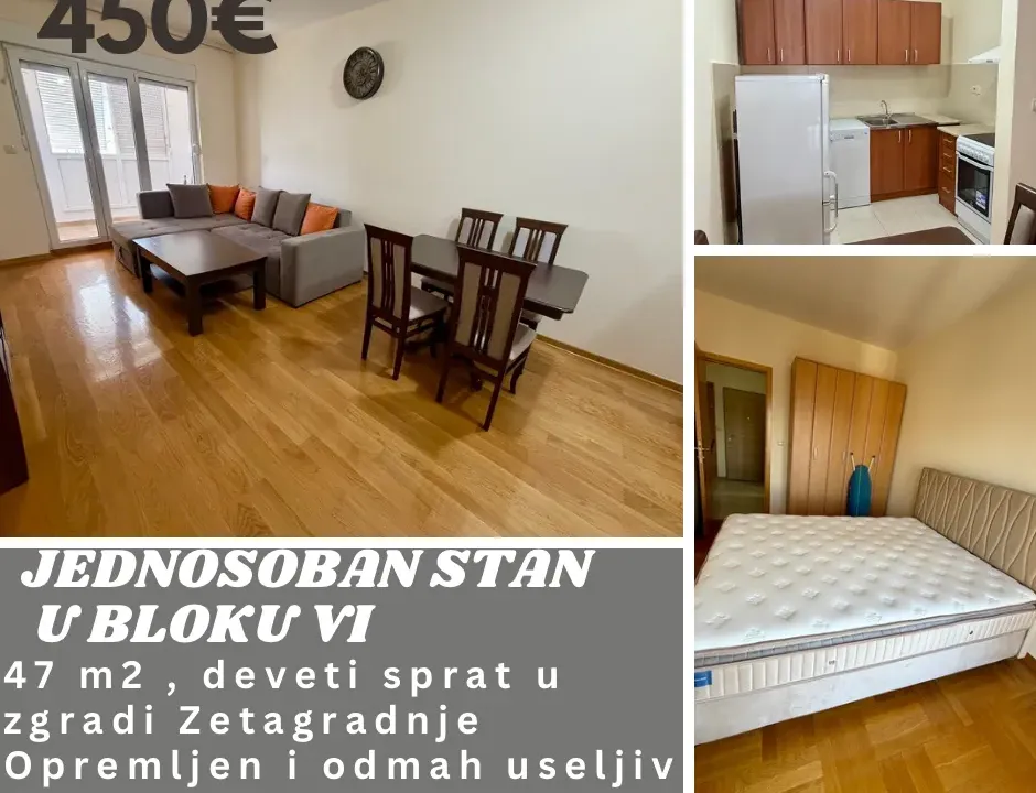 Rent, one bedroom apartment, 47m², Blok 6, Podgorica