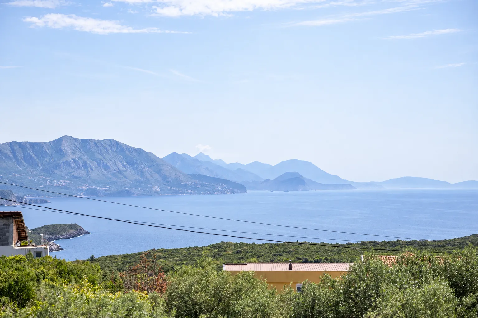 Distant view of the sea and mountains.