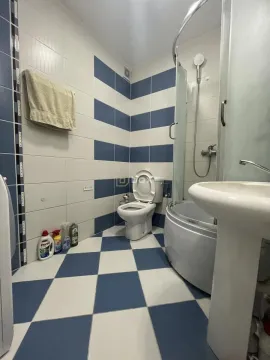 Bathroom with a shower cabin, washbasin, and toilet, tiled in blue and white. - image 13