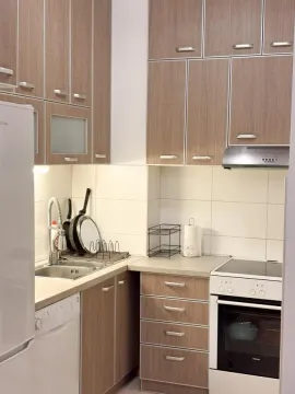 Manja kuhinja sa drvenim elementima, sudoperom i šporetom. - image 7
