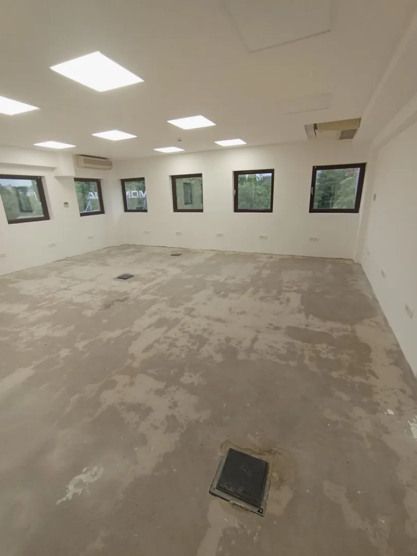 Spacious empty room in a grey phase with windows and ceiling lights.
